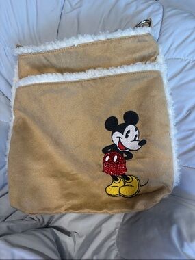 Beige Faux-Suede Mickey Mouse Crossbody Bag with Shearling Trim